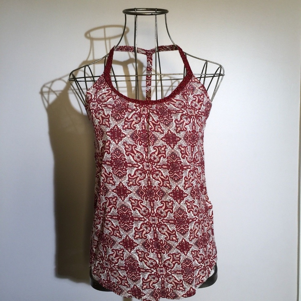 LUCKY BRAND Embellished Tank Top boho Beaded T-Back Racerback Burgundy